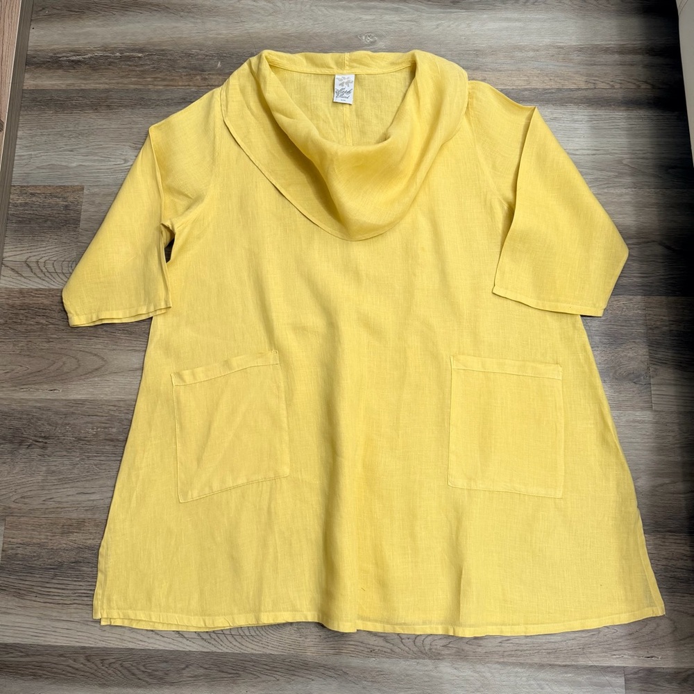 Sunshine Yellow Cowl-Neck Mini Dress with Front Pockets 100% Line